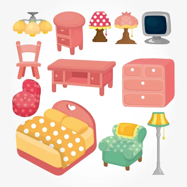 Mignon jeu d'icônes de meubles dessin animé — Image vectorielle