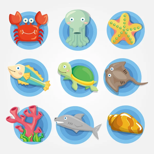 Dibujos animados conjunto de iconos de animales de acuario, iconos de peces — Vector de stock