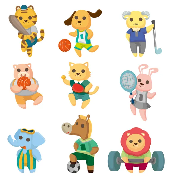 Dibujos animados animal deporte jugador iconos conjunto — Vector de stock