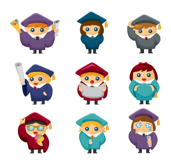 Caricature étudiants diplômés icônes ensemble — Image vectorielle