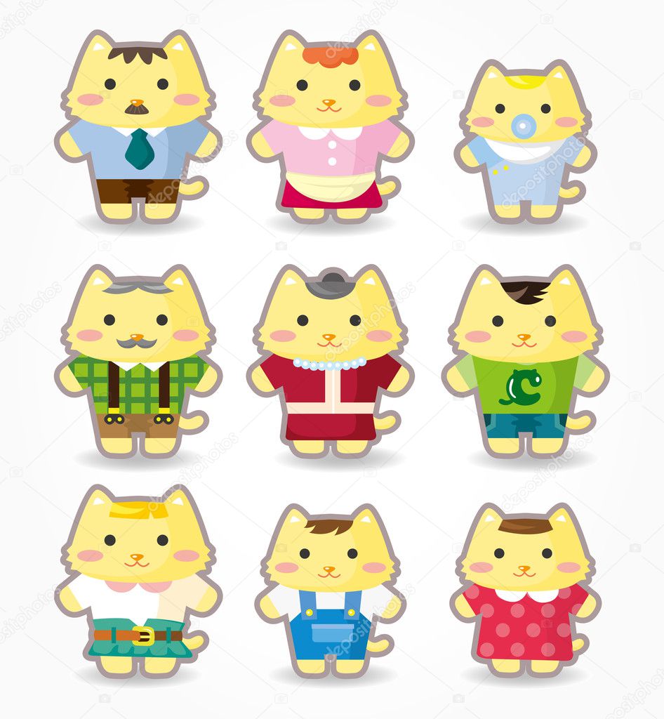 cartoon cat family icon set