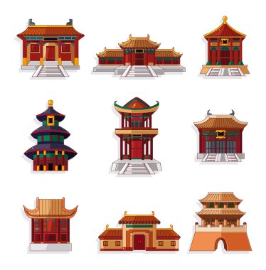 cartoon Chinese house icon set