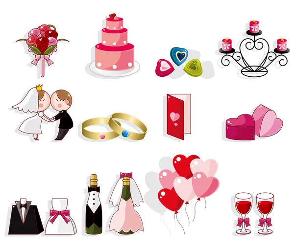 Set di icone di matrimonio cartone animato — Vettoriale Stock