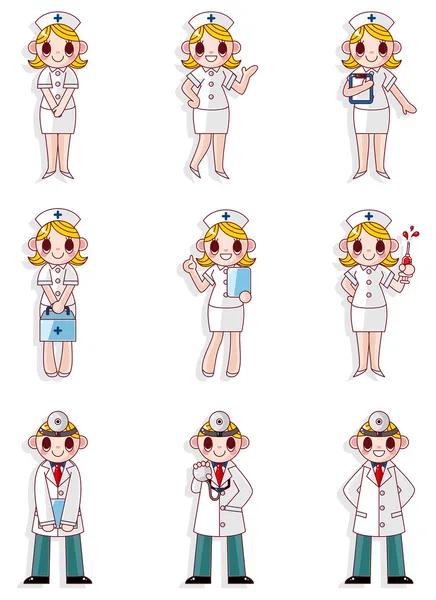 Dibujos animados médico y enfermera iconos — Vector de stock