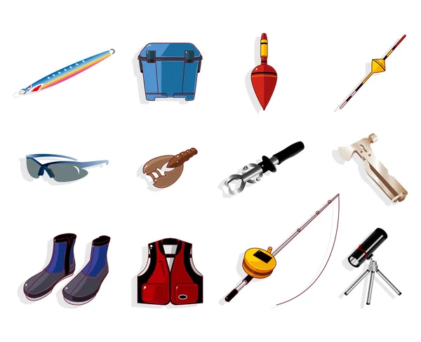 Dibujos animados equipo de pesca herramientas icono conjunto, vector — Vector de stock