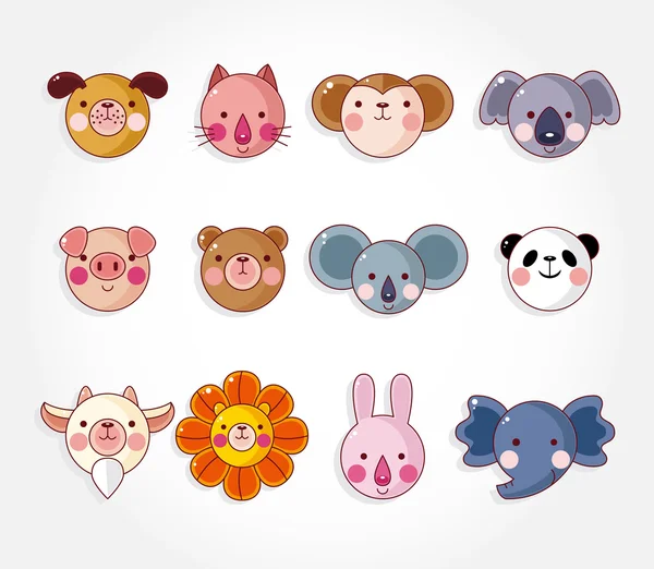 Dibujos animados animal cara icono conjunto, vector — Vector de stock
