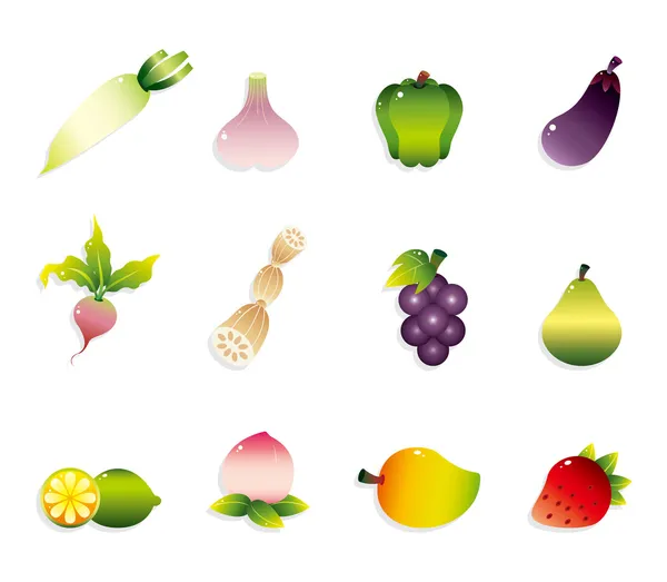 Conjunto de iconos de frutas y verduras de dibujos animados — Vector de stock