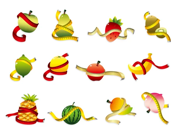 Set ikon kesehatan buah dan penggaris segar - Stok Vektor