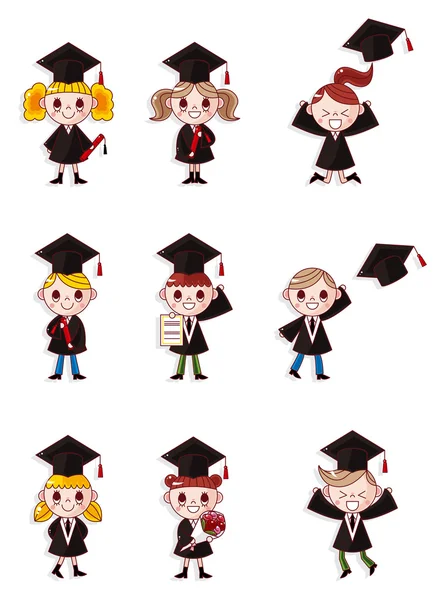 Dibujos animados Estudiantes graduados iconos conjunto — Vector de stock