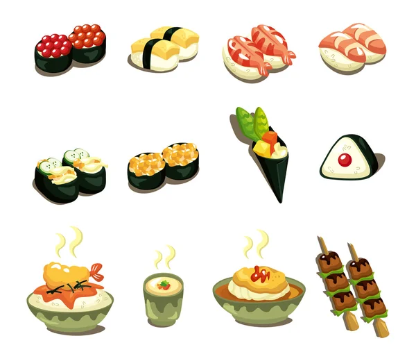 Desenho animado conjunto de ícone de comida japonesa — Vetor de Stock