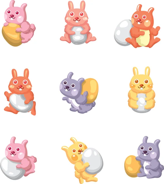 Conejo de Pascua de dibujos animados y huevo icono — Vector de stock