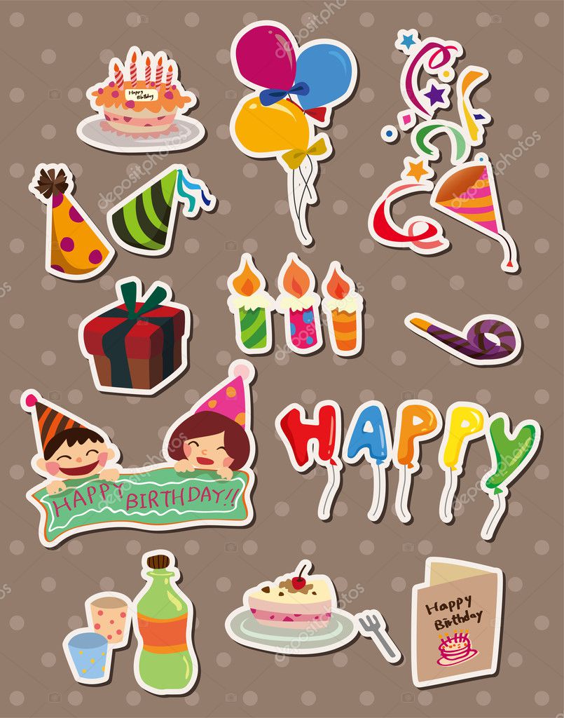 Diseño De Iconos De Pegatinas De Cumpleaños Feliz Stock de ilustración -  Ilustración de vacaciones, presente: 183451427