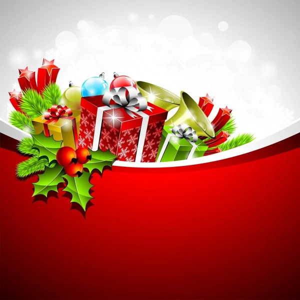Vánoční ilustrace s dárkovými krabicemi na červeném pozadí — Stockový vektor
