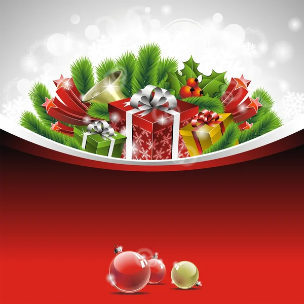 Χριστουγεννιάτικη απεικόνιση με κουτί δώρου σε κόκκινο φόντο — Διανυσματικό Αρχείο
