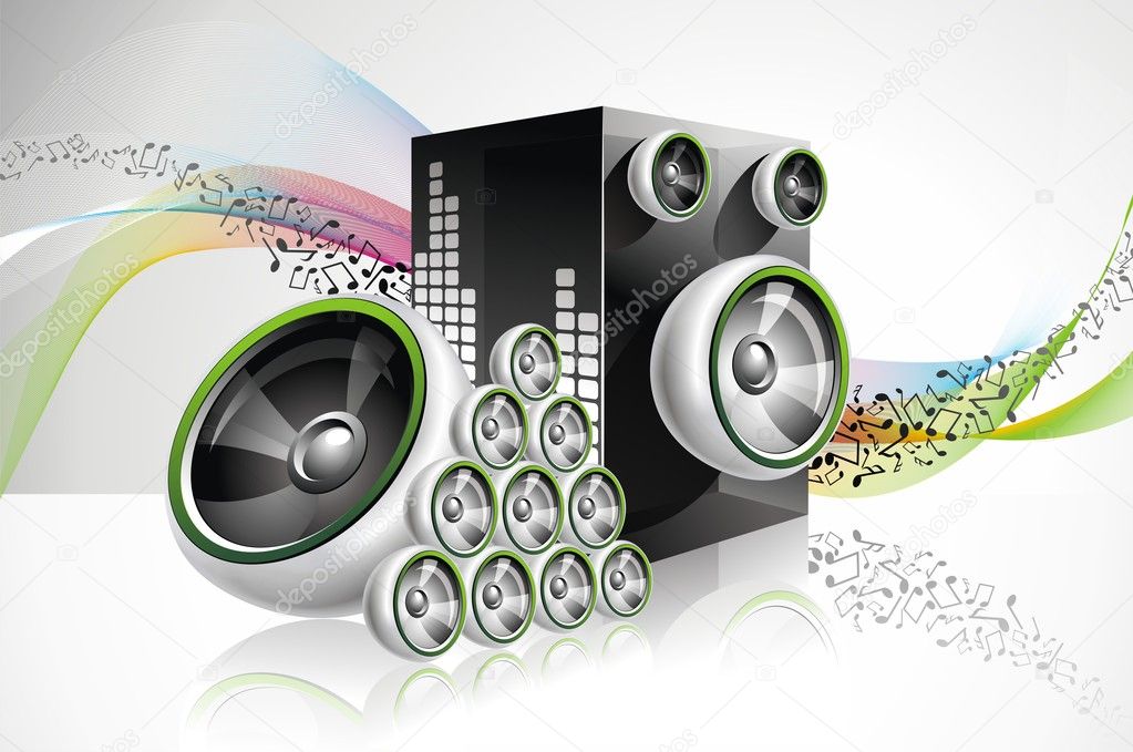 Abstract vector shiny design with speakers on waves background.