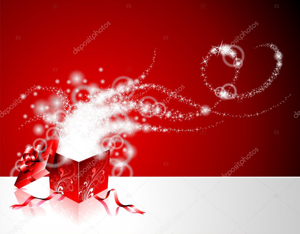 Christmas illustration with gift box on red background.