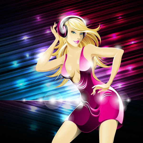 Vector party illustration about a beautiful sexy woman on a music and disco theme. — Stock Vector