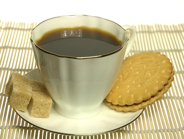 stock image White Cup of coffee with cookie and sugar