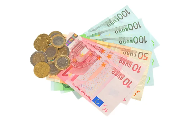 Birçok euro banknot ve madeni paralar için arka plan — Stok fotoğraf