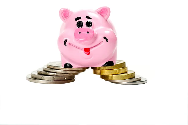 Pink pig moneybox and money — Stock Photo, Image