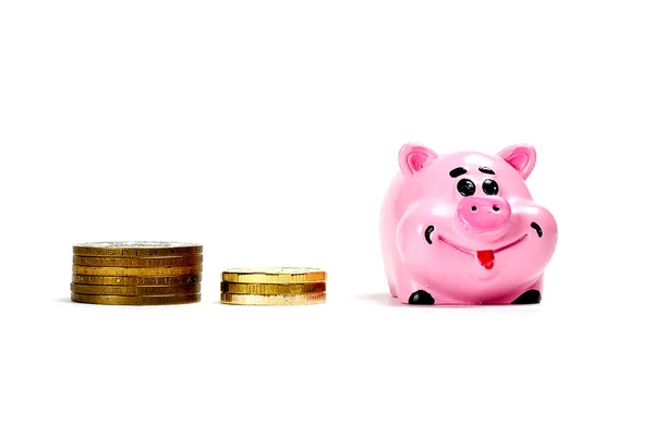Caja de dinero de cerdo rosa y dinero —  Fotos de Stock