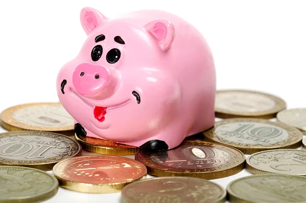 ピンクのブタの貯金箱とお金 — ストック写真