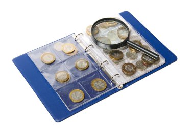 Album for coins and magnifying glass clipart