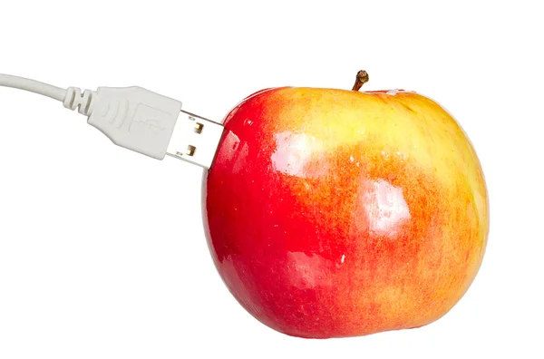 stock image Red juicy fresh apple with USB isolated