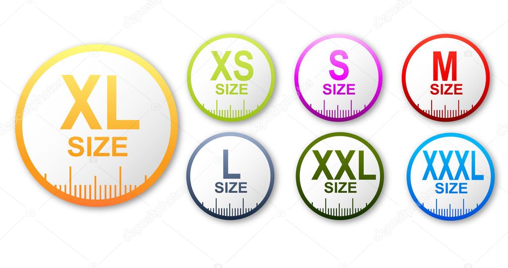 Clothing size stickers xs s m l xl xxl Royalty Free Vector