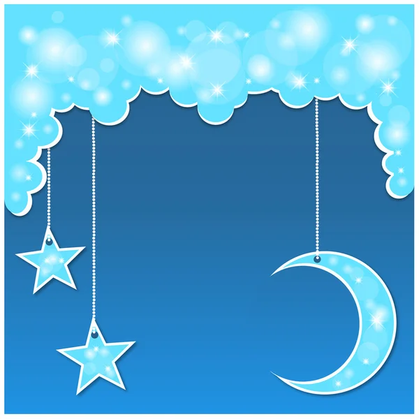 Vector fondo azul con nubes, la luna nueva y las estrellas — Archivo Imágenes Vectoriales