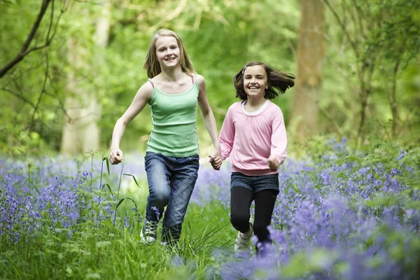 Two girls in bluebells — Stock Photo, Image