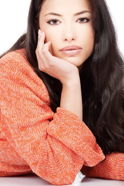 Woman in a red orange wool sweater — Stock Photo, Image