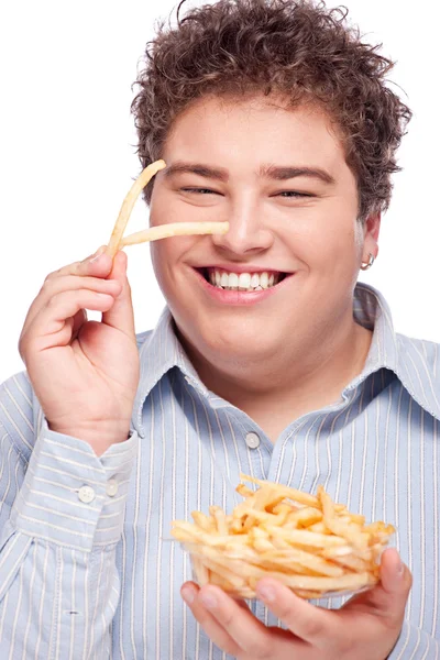 통 통한 남자 pommes frites와 — 스톡 사진