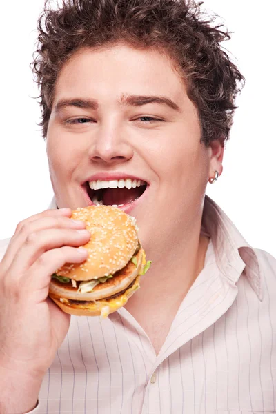 Sorriu gordinha e hambúrguer — Fotografia de Stock