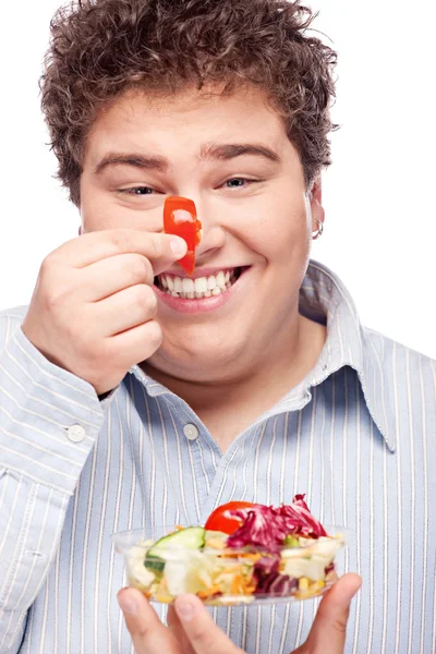 Gordinho homem com salada fresca — Fotografia de Stock