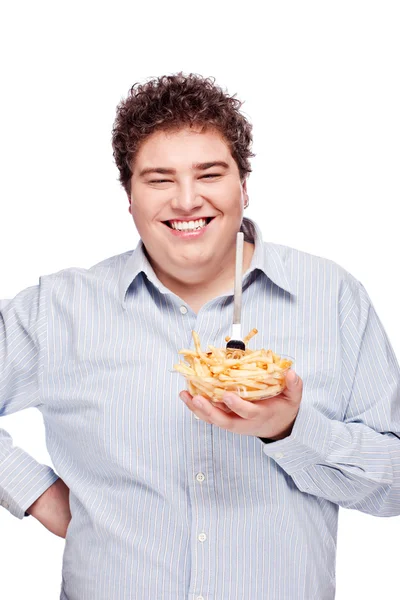 Gordinho homem com batatas fritas — Fotografia de Stock