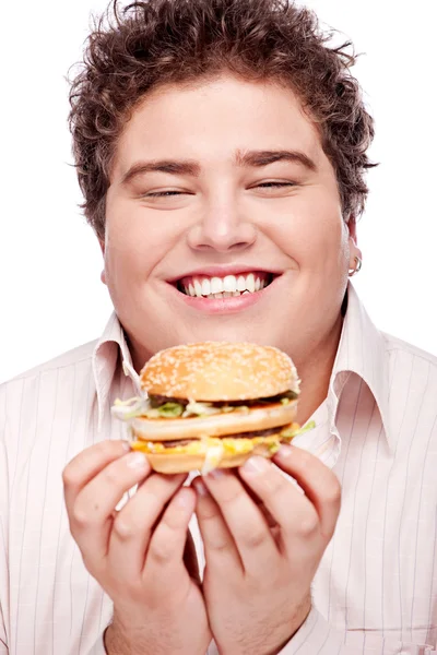 Glimlachte mollig en hamburger — Stockfoto