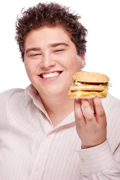 Усміхнений пухкий і гамбургер — стокове фото