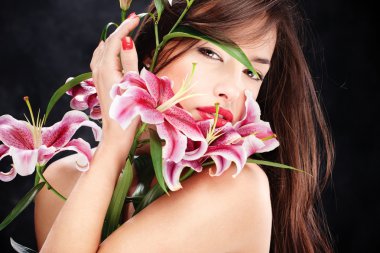 Woman with oriental flowers clipart