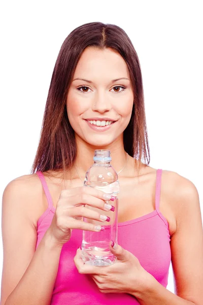 Bir şişe su tutan kadın. — Stok fotoğraf