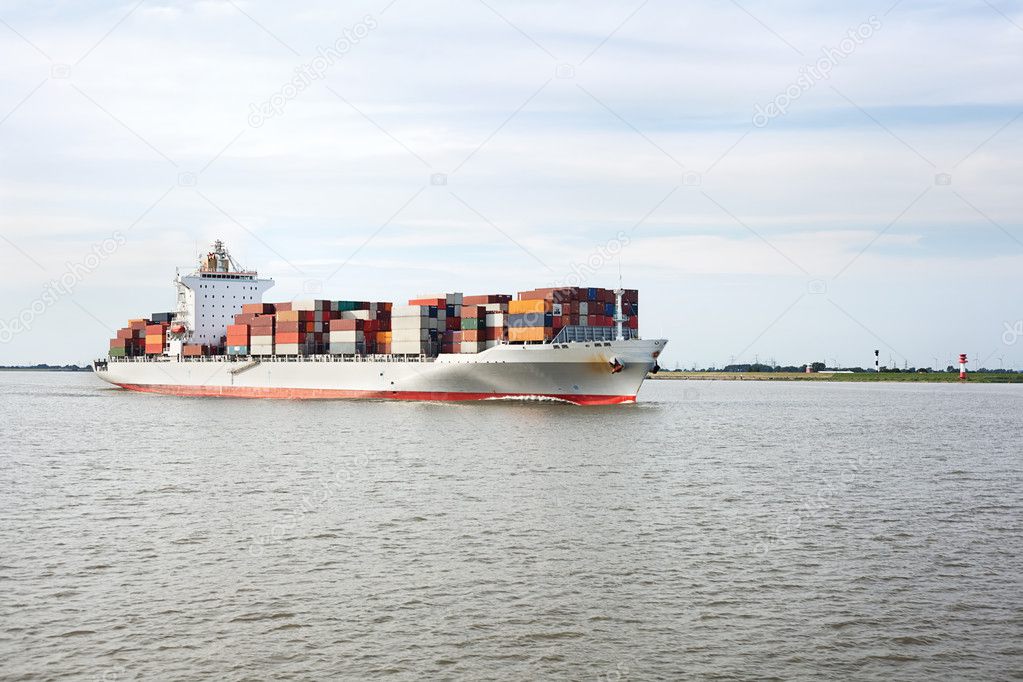 Container ship on river Elbe