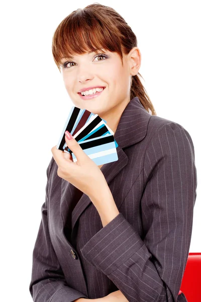 Szczęśliwa kobieta z kart kredytowych — Zdjęcie stockowe