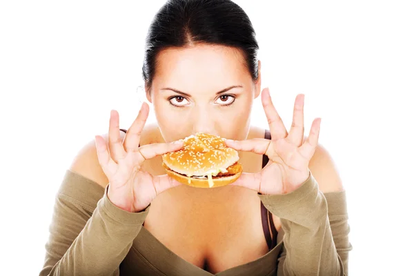 Chubby girl and fast food — Stock Photo, Image