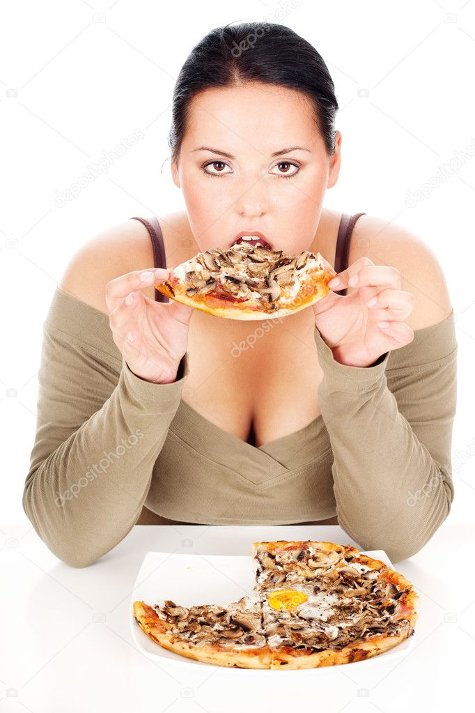 Chubby woman and tastefully pizza