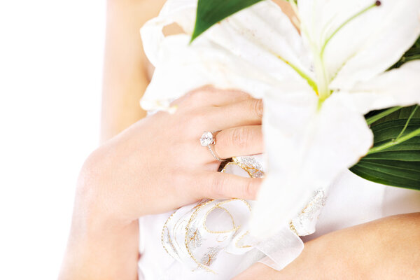 Wedding ring on a woman's finger, isolated on white