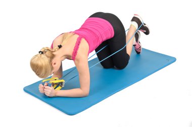 Female kneeling butt blaster using rubber resistance band clipart