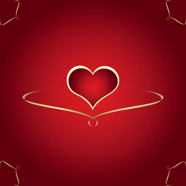 Rött kort med rött hjärta och gyllene band — Stock vektor