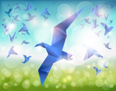 Paper Flight, Origami Blue Birds fly over beautiful landscape. clipart