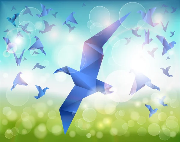 Vuelo en Papel, Origami Pájaros azules sobrevuelan hermoso paisaje . — Vector de stock
