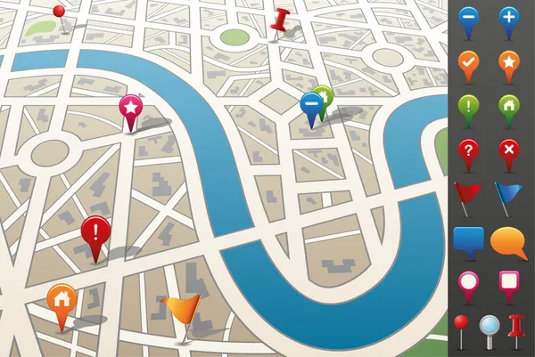 Gps 아이콘을 가진 도시 지도. 로열티 프리 스톡 일러스트레이션